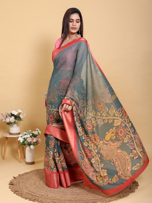 Elegant Peacock & Floral Kalamkari Design Linen Cotton Saree