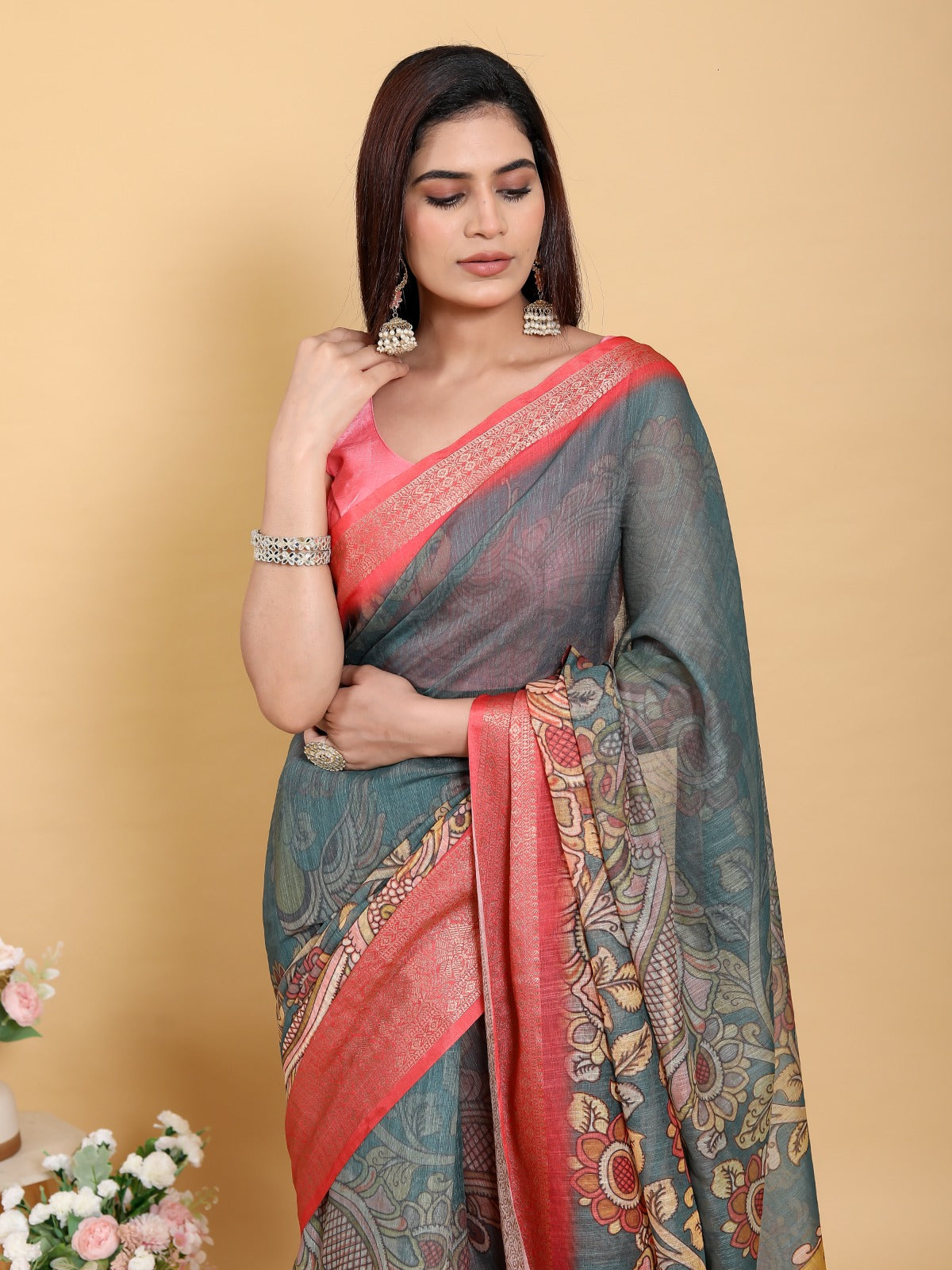 Elegant Peacock & Floral Kalamkari Design Linen Cotton Saree