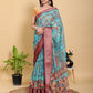 Aqua Teal Peacock Print Linen Cotton Saree