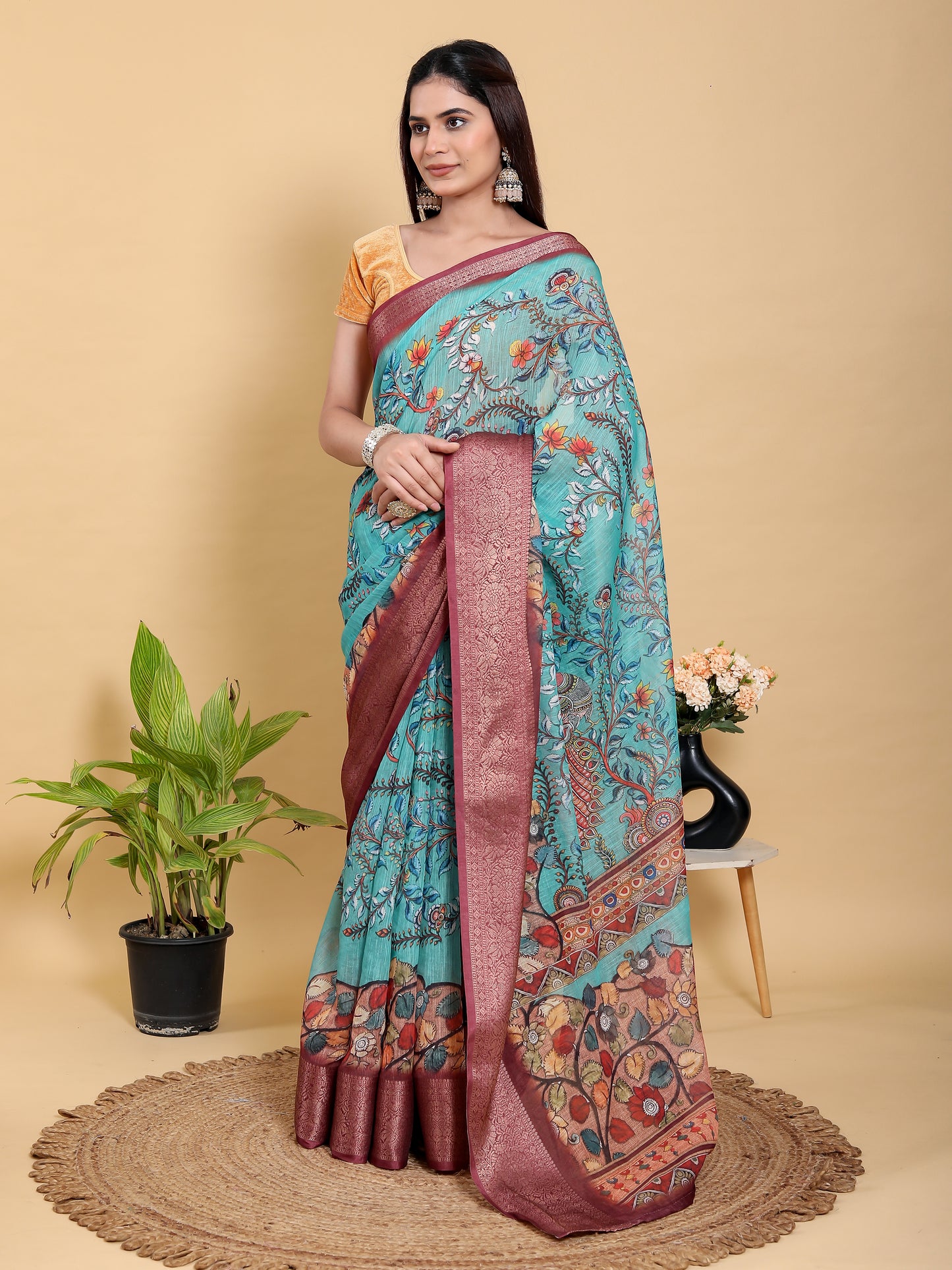 Aqua Teal Peacock Print Linen Cotton Saree