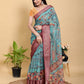 Aqua Teal Peacock Print Linen Cotton Saree