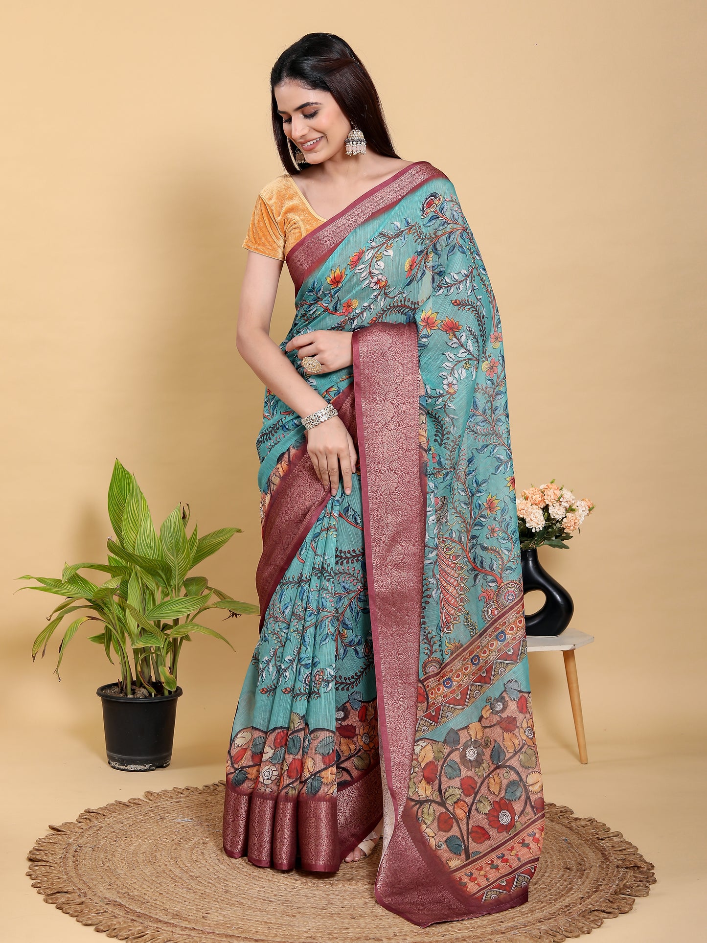 Aqua Teal Peacock Print Linen Cotton Saree