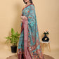 Aqua Teal Peacock Print Linen Cotton Saree