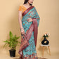 Aqua Teal Peacock Print Linen Cotton Saree