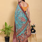 Aqua Teal Peacock Print Linen Cotton Saree