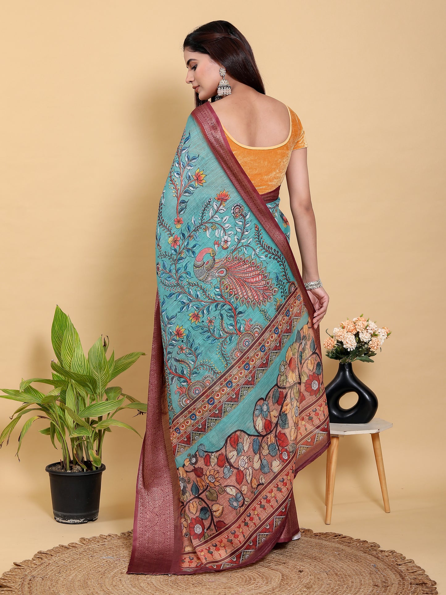 Aqua Teal Peacock Print Linen Cotton Saree