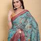 Aqua Teal Peacock Print Linen Cotton Saree