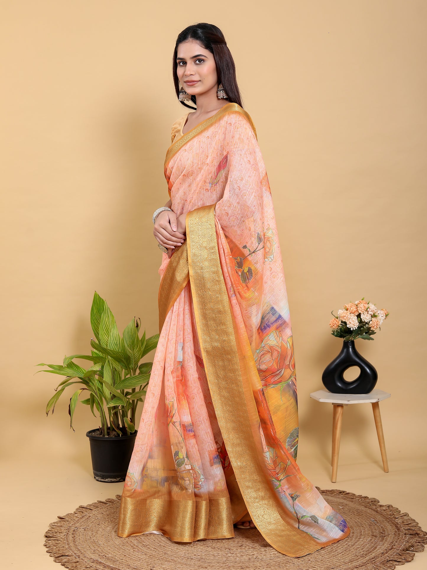 Abstract Peach & Gold Floral Linen Cotton Saree