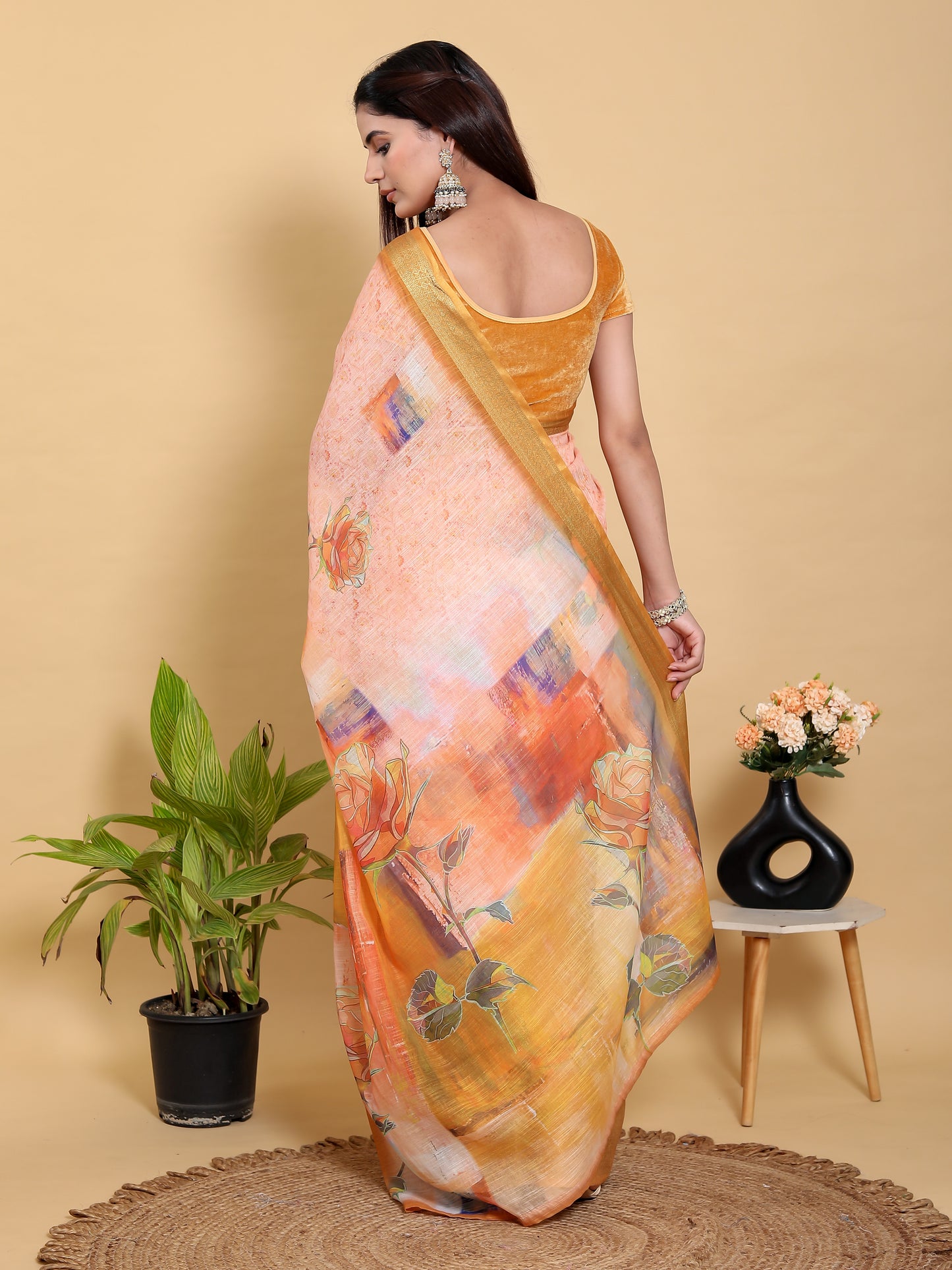 Abstract Peach & Gold Floral Linen Cotton Saree
