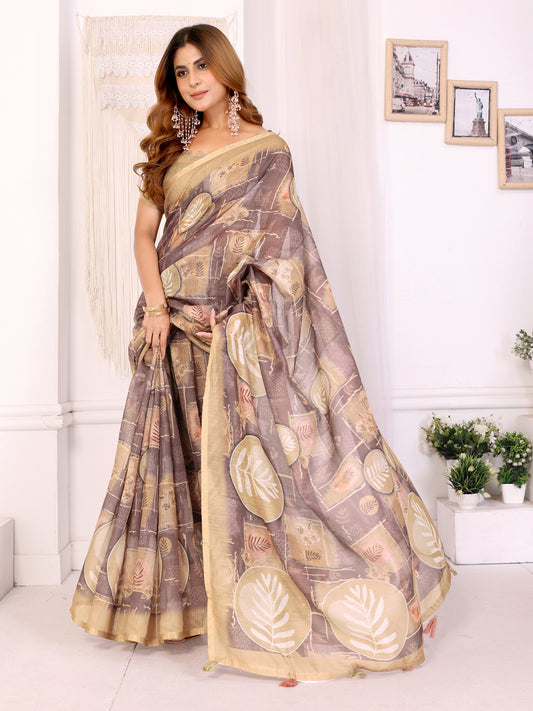 Elegant  White Chanderi cotton Saree with Floral Print