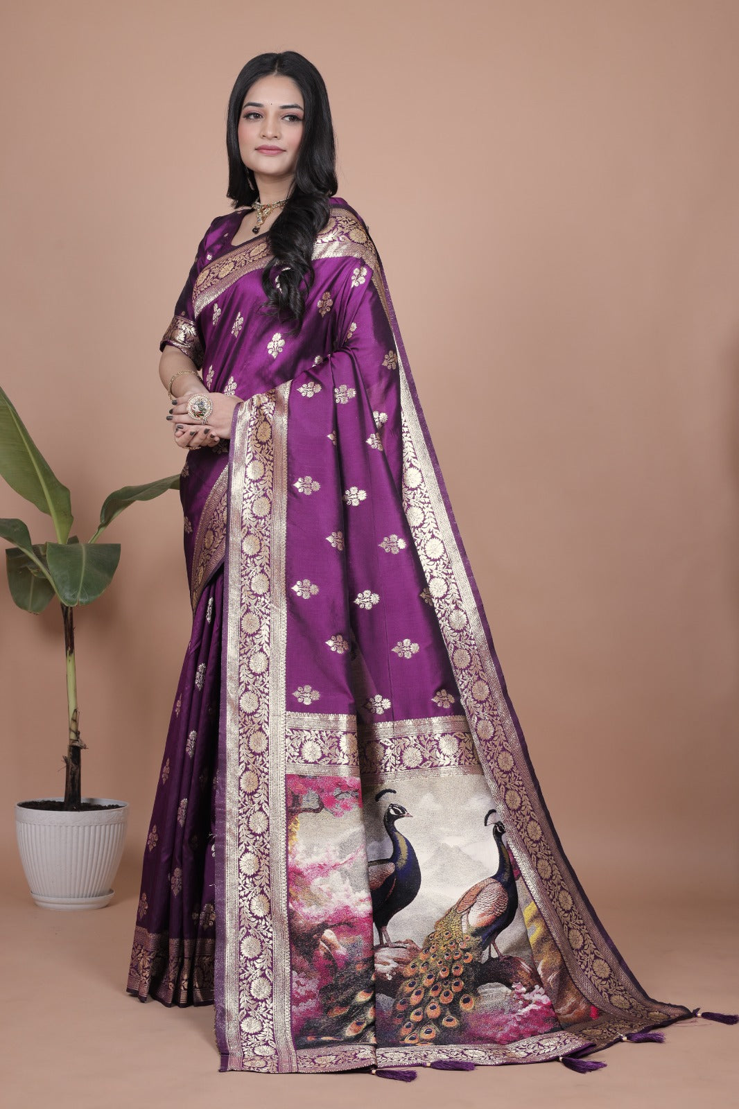 Royal Purple Banarasi Silk Saree with Peacock Pallu Design