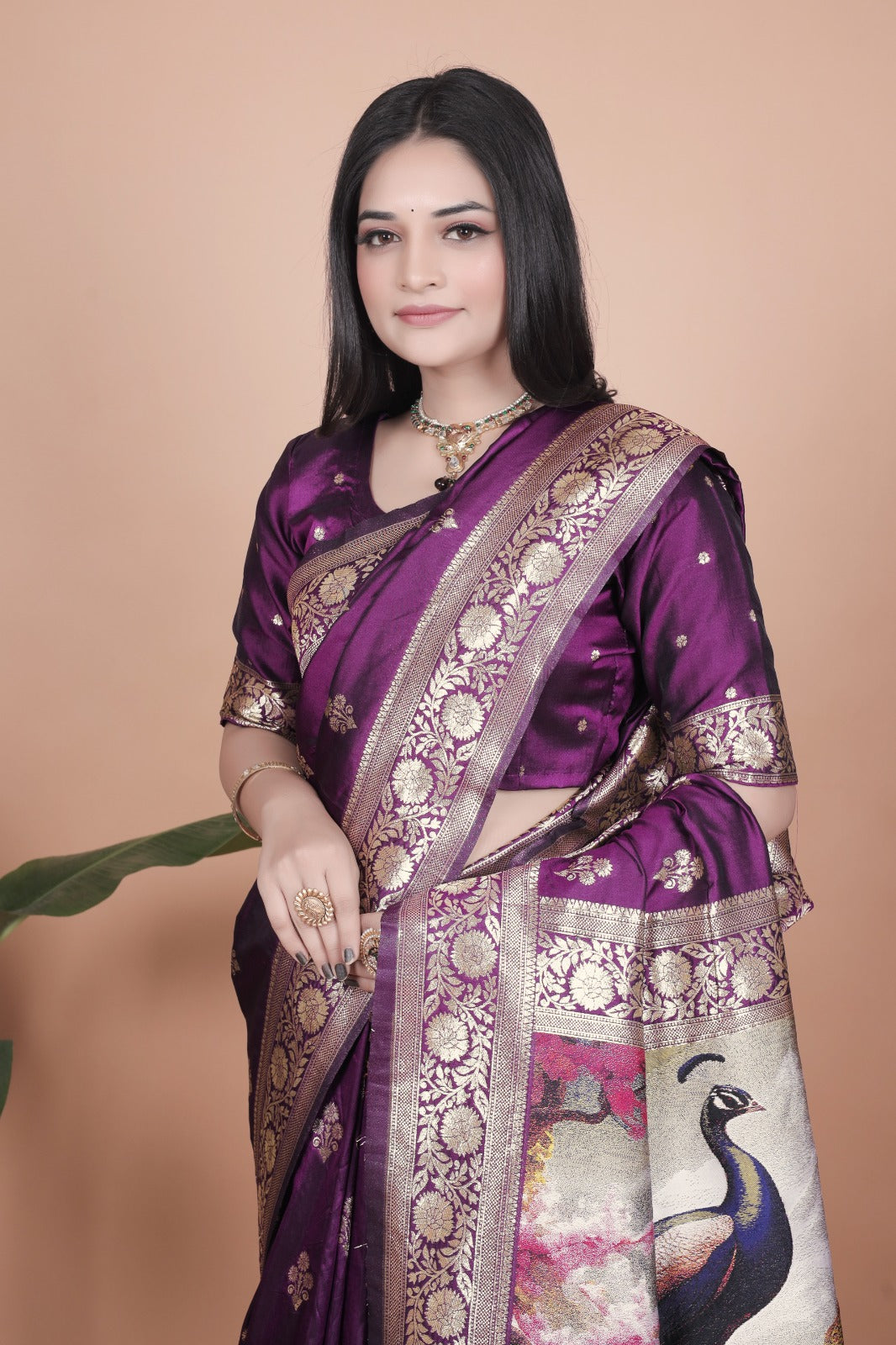 Royal Purple Banarasi Silk Saree with Peacock Pallu Design