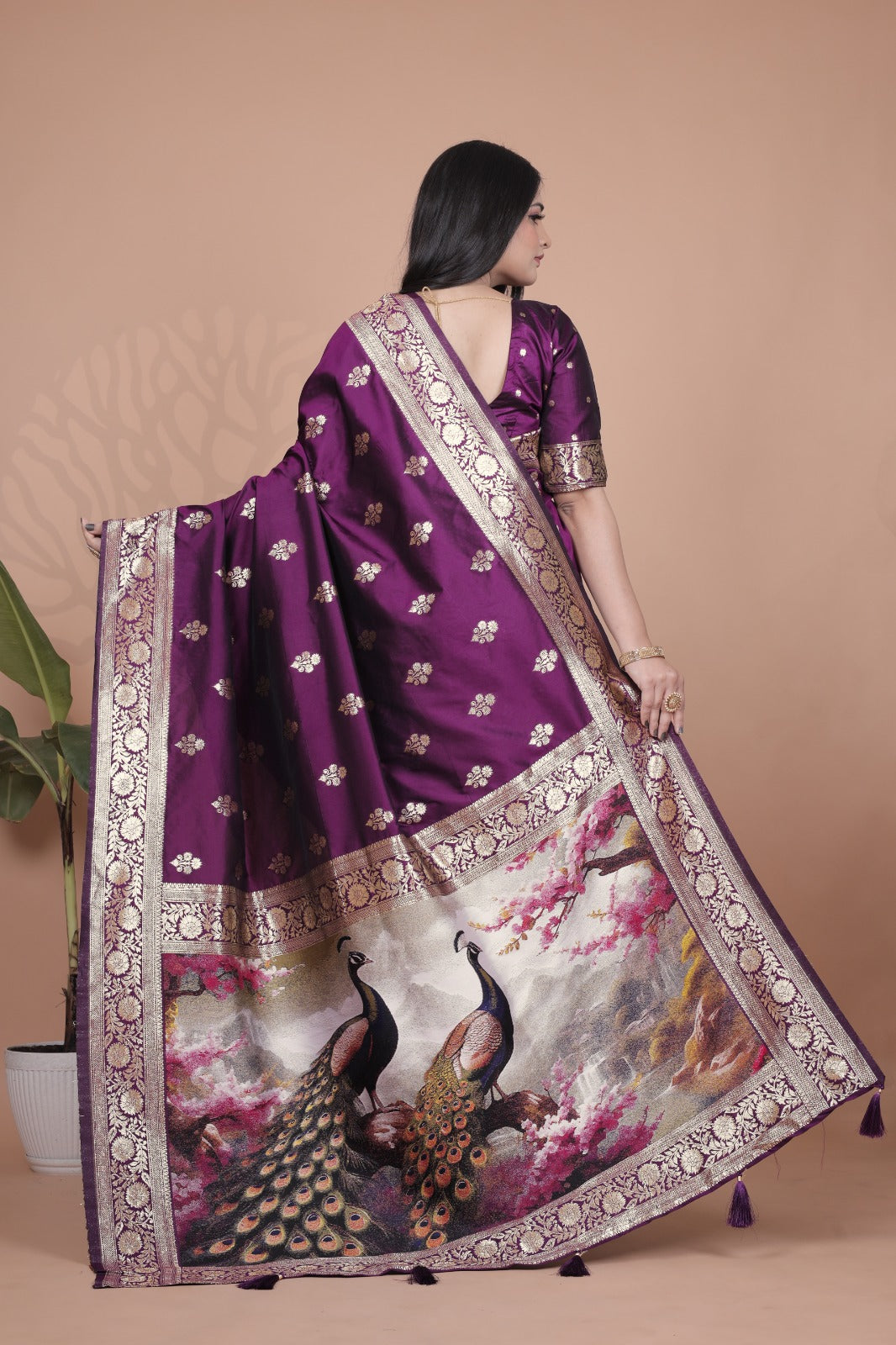 Royal Purple Banarasi Silk Saree with Peacock Pallu Design