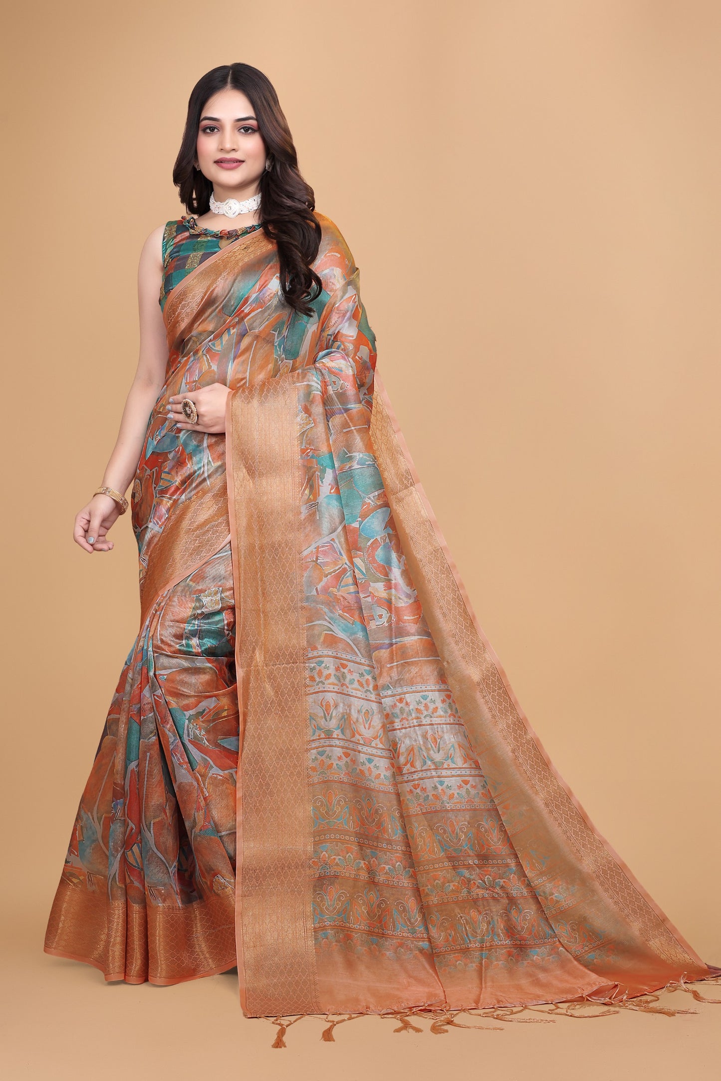 Orange & Copper Soft Silk Blend Saree with Zari Border and Printed Pallu