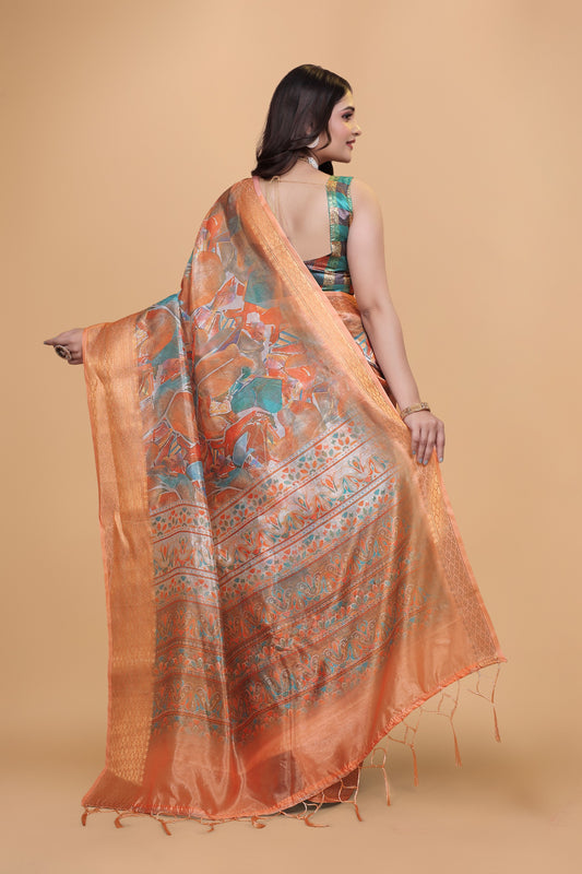 Orange & Copper Soft Silk Blend Saree with Zari Border and Printed Pallu