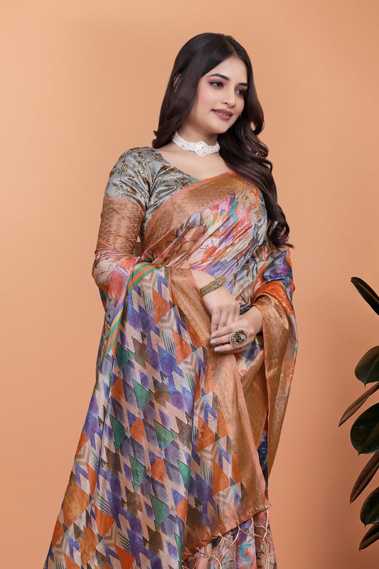 Soft Silk Blend Saree with Zari Border and Printed Pallu