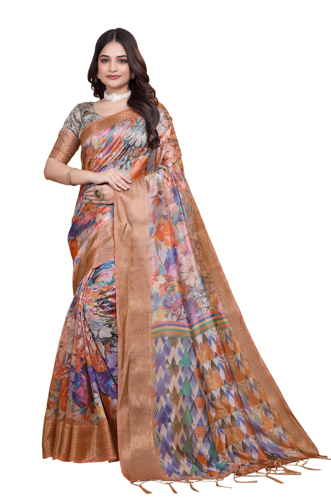 Soft Silk Blend Saree with Zari Border and Printed Pallu