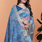 Sky Blue Floral Printed Soft Silk Saree with Zari Border