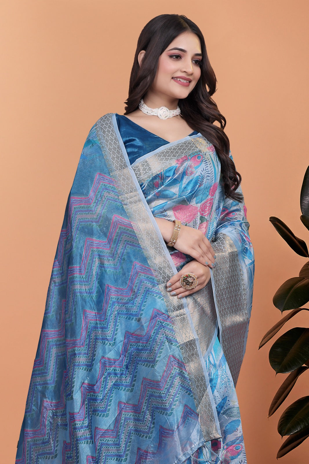 Sky Blue Floral Printed Soft Silk Saree with Zari Border