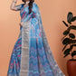 Sky Blue Floral Printed Soft Silk Saree with Zari Border