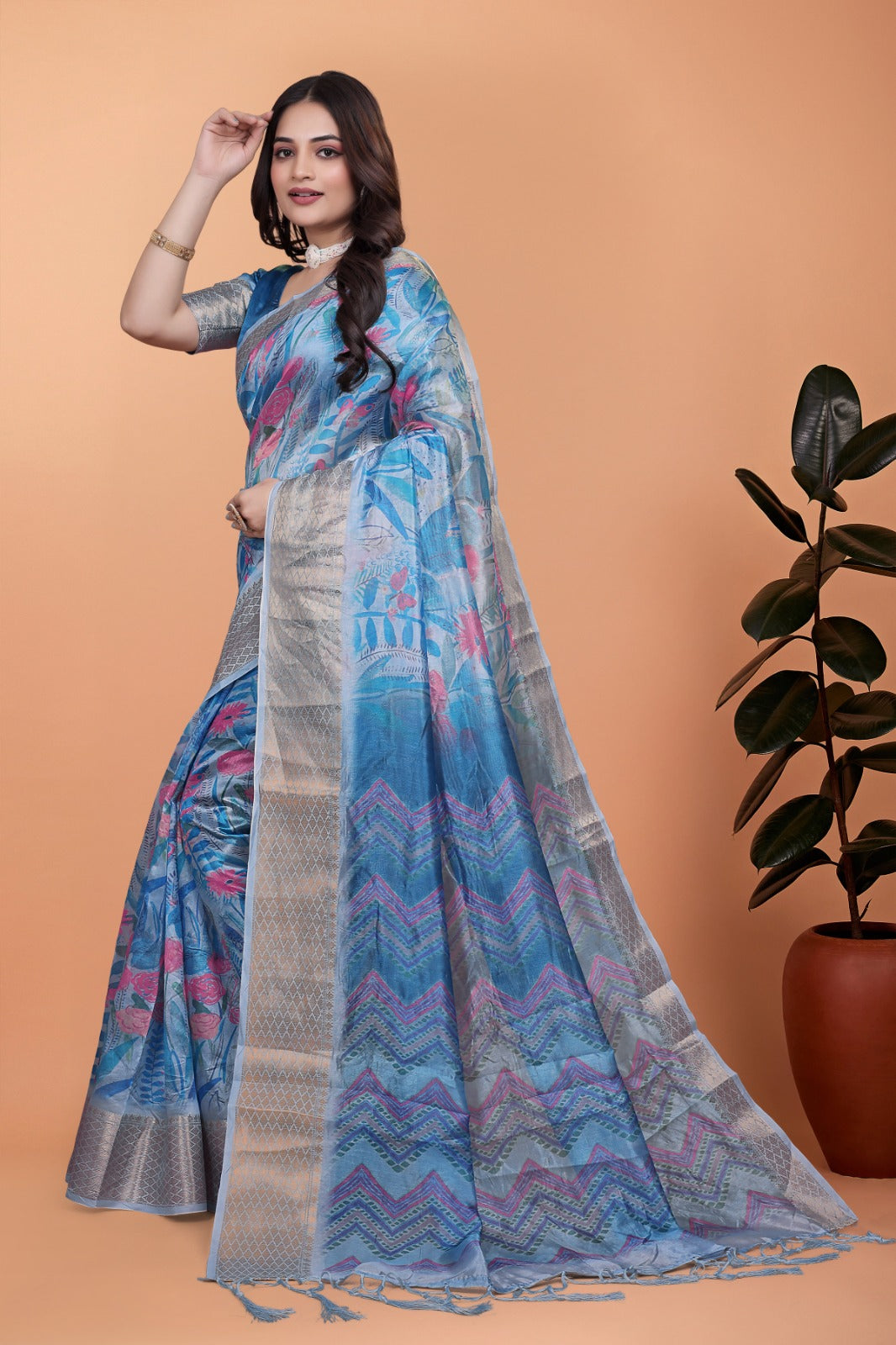 Sky Blue Floral Printed Soft Silk Saree with Zari Border
