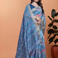 Sky Blue Floral Printed Soft Silk Saree with Zari Border