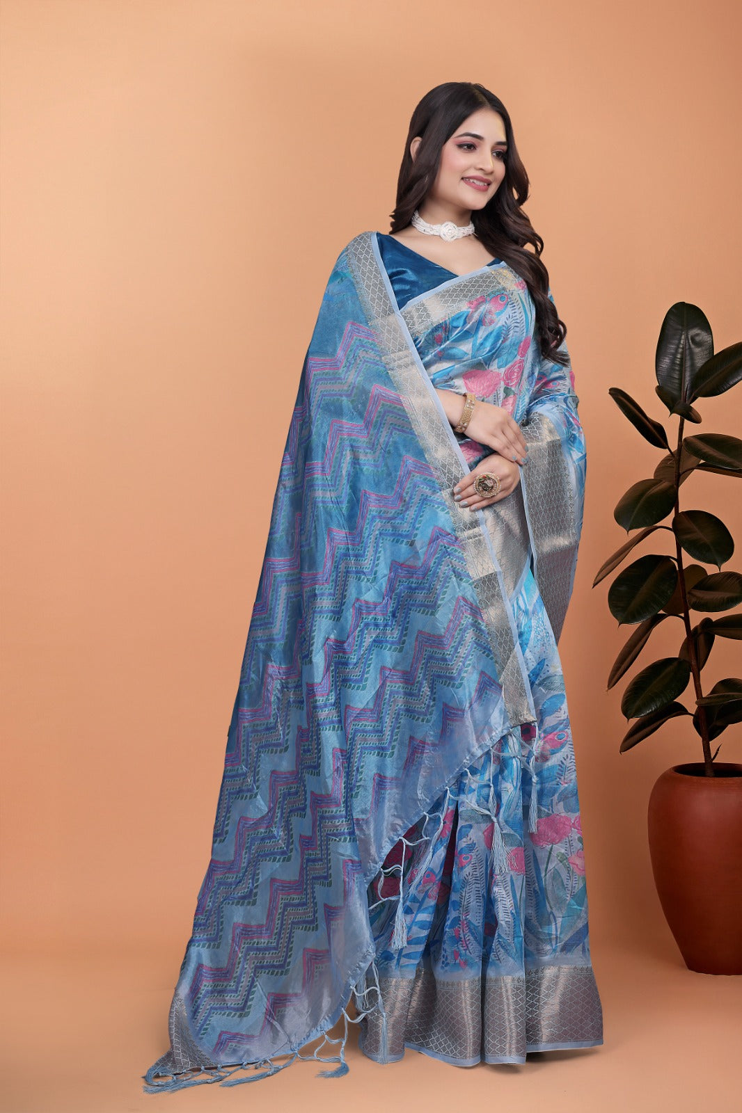 Sky Blue Floral Printed Soft Silk Saree with Zari Border