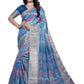 Sky Blue Floral Printed Soft Silk Saree with Zari Border