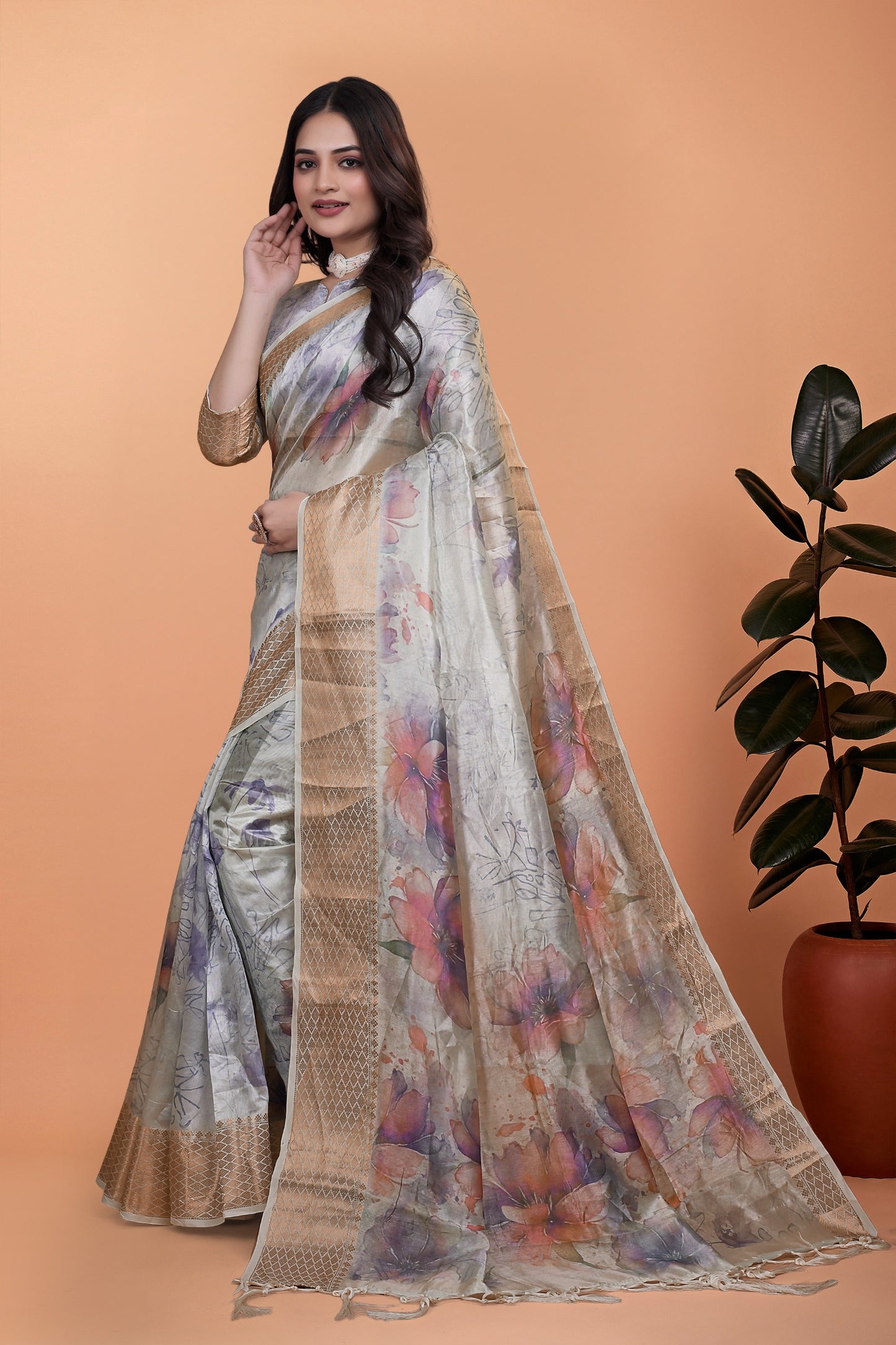 Elegant Beige Soft Silk Saree with Multicolor Floral Print & Golden Zari Border