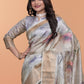 Elegant Beige Soft Silk Saree with Multicolor Floral Print & Golden Zari Border