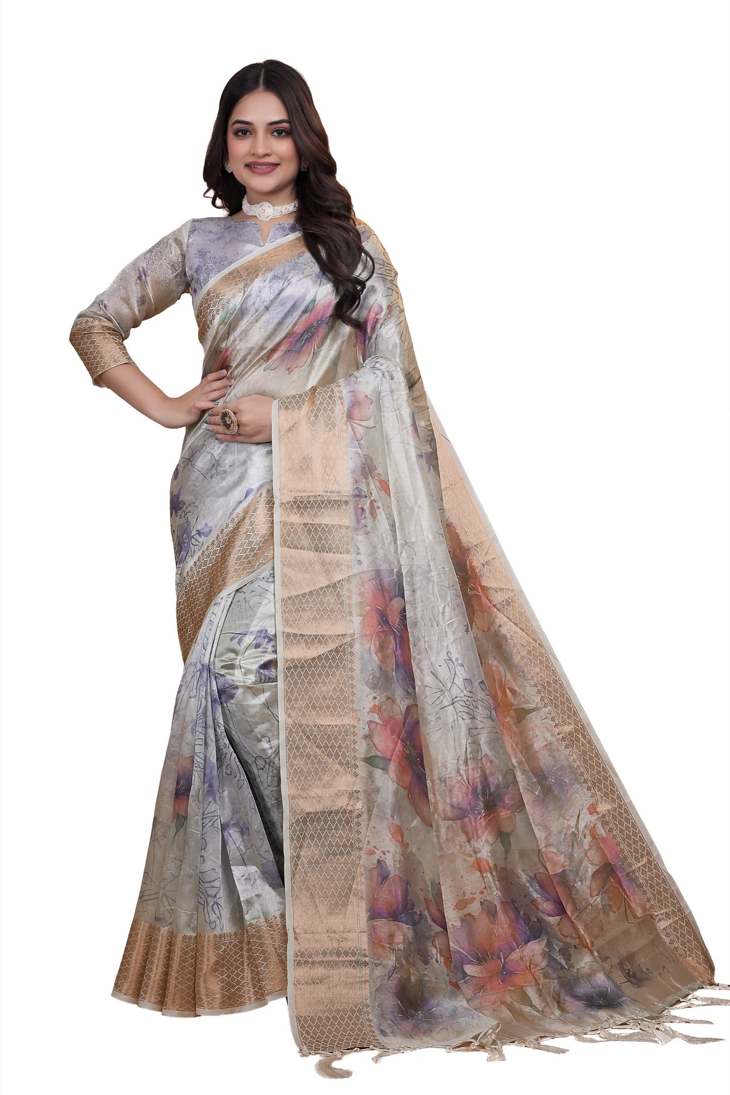 Elegant Beige Soft Silk Saree with Multicolor Floral Print & Golden Zari Border
