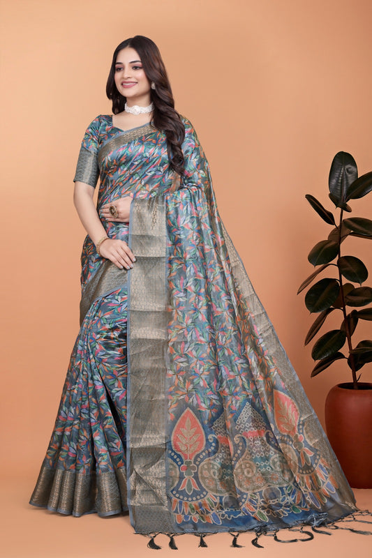 Grey & Multicolor Soft Silk Saree with Ethnic Pallu