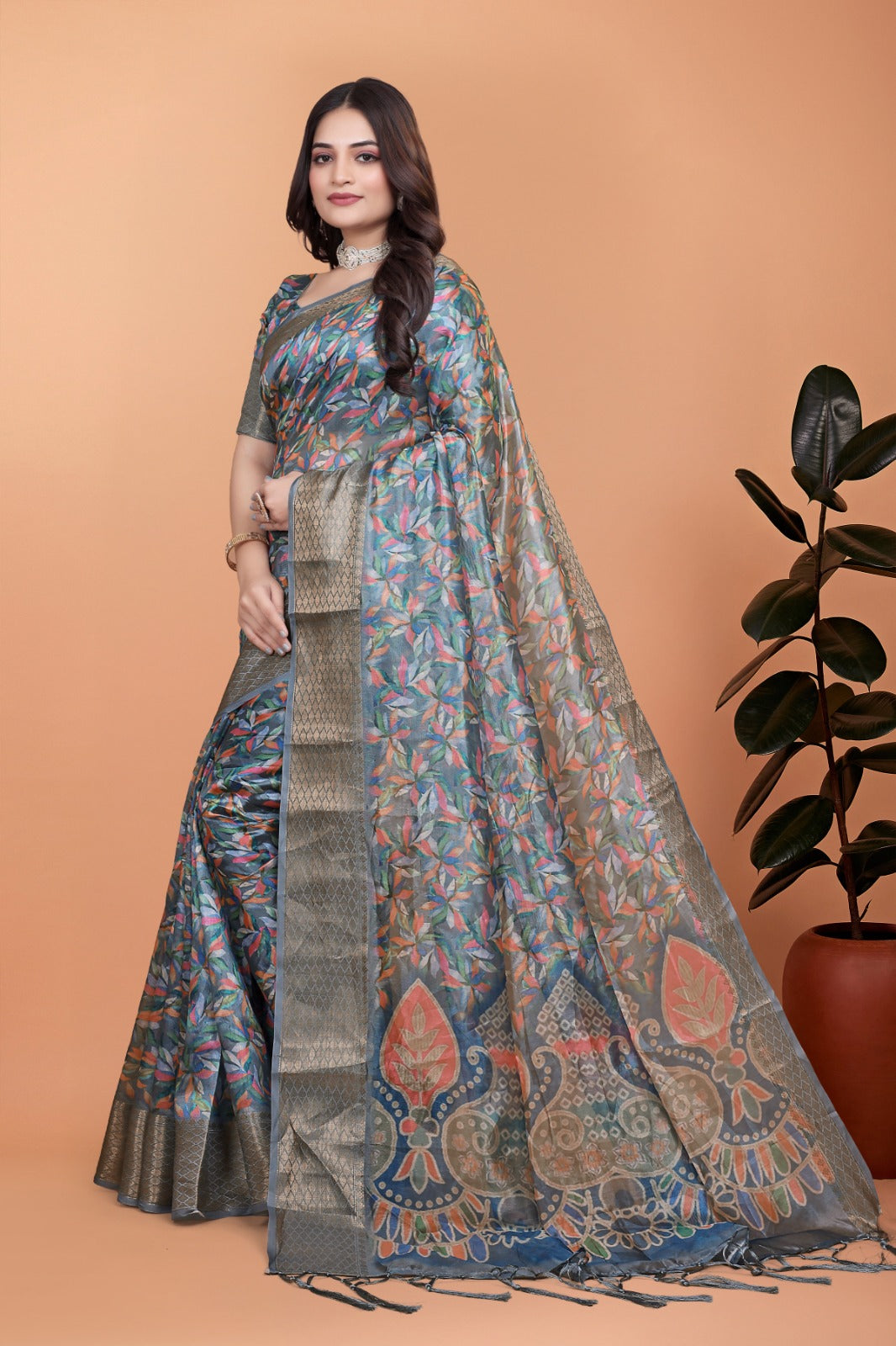 Grey & Multicolor Soft Silk Saree with Ethnic Pallu
