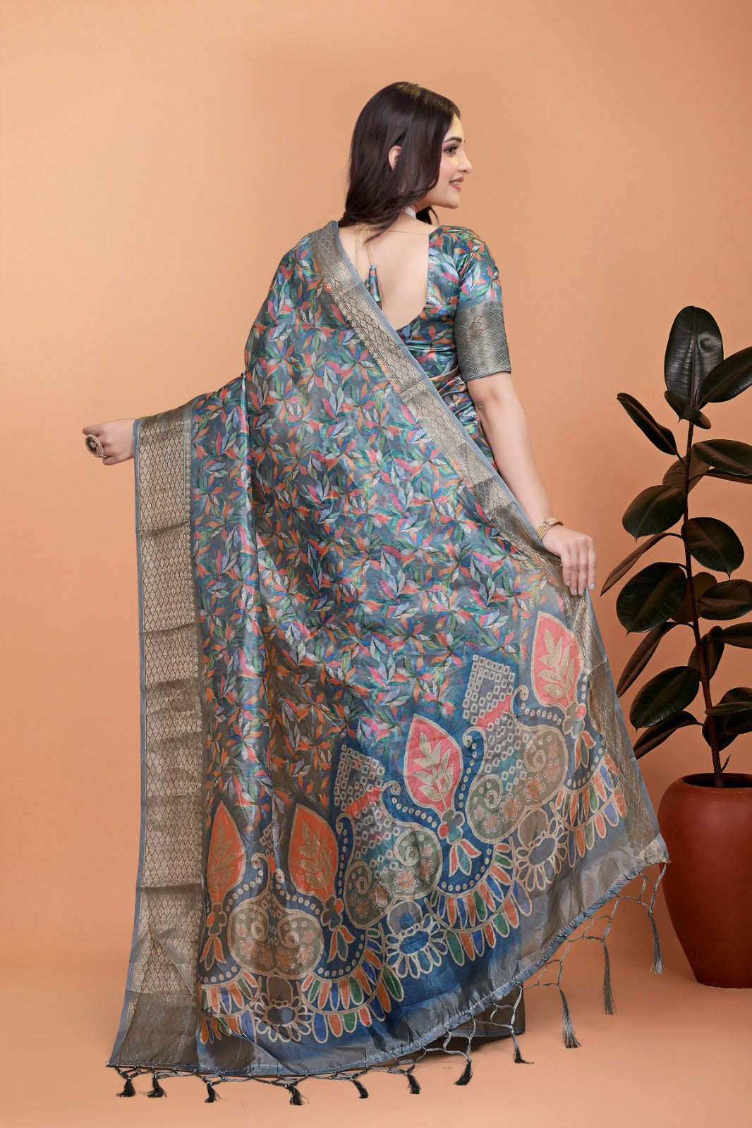 Grey & Multicolor Soft Silk Saree with Ethnic Pallu
