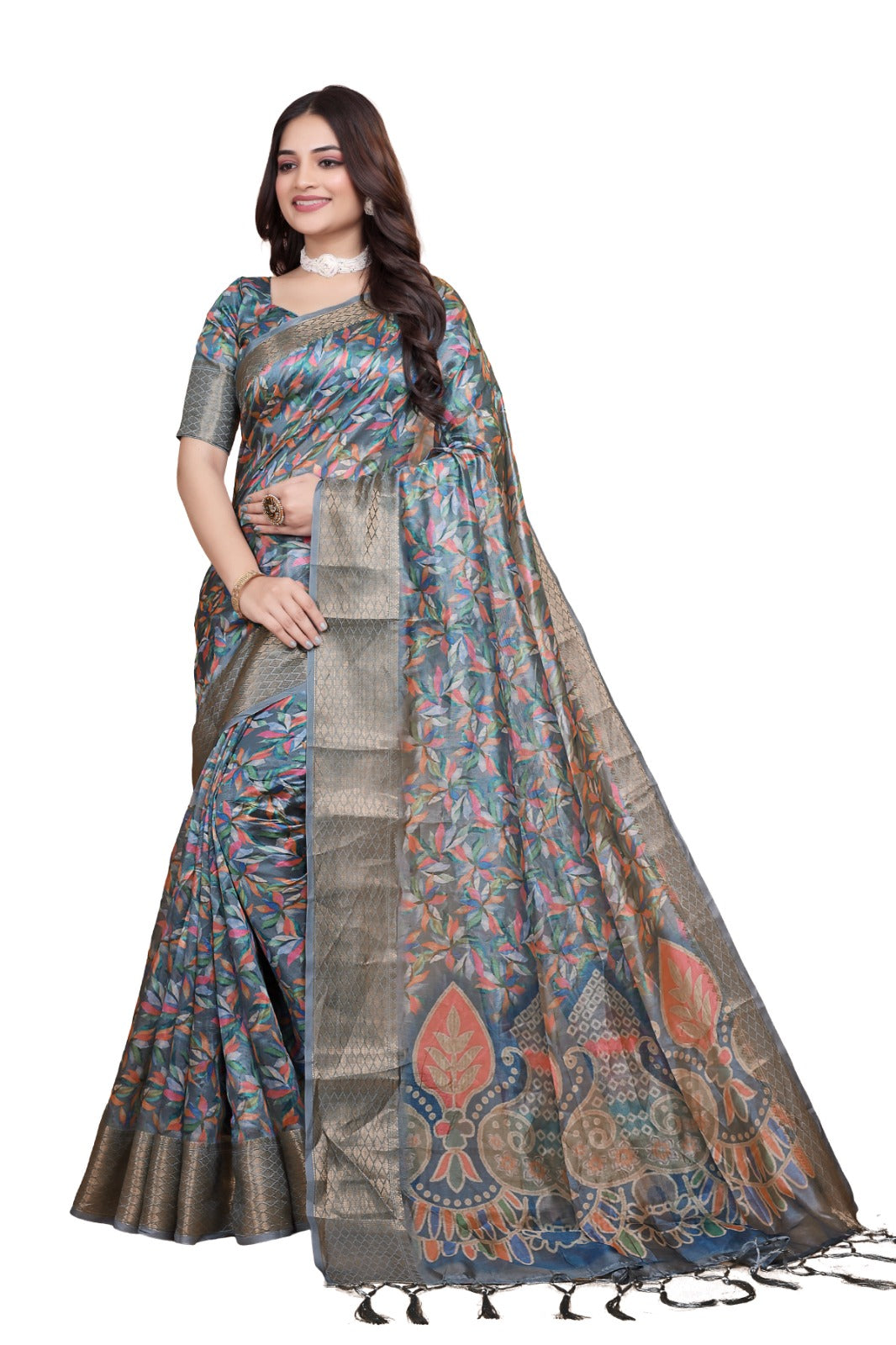 Grey & Multicolor Soft Silk Saree with Ethnic Pallu