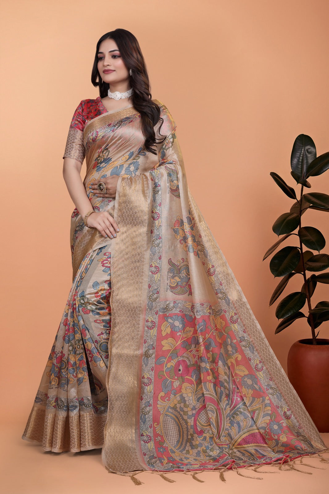 Beige & Multicolor Patola Print Soft Silk Saree with Rich Pallu