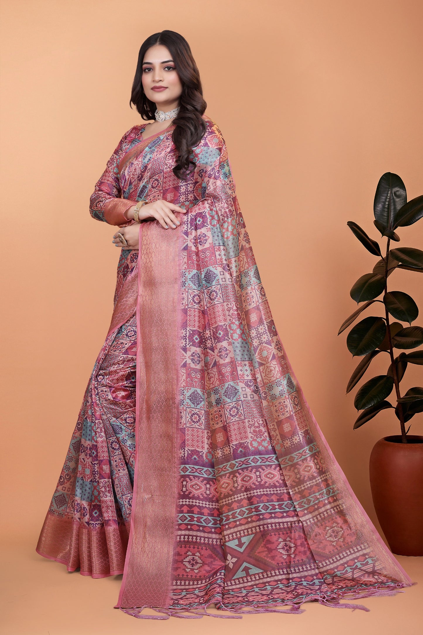 Pink Soft Silk Saree with Copper Zari Border & Multicolor Pallu