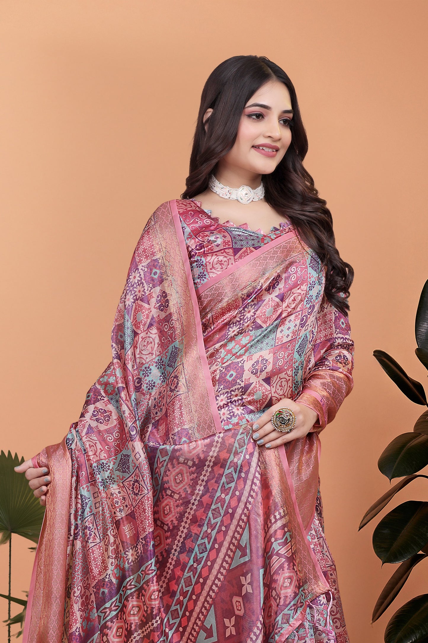 Pink Soft Silk Saree with Copper Zari Border & Multicolor Pallu