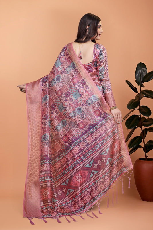 Pink Soft Silk Saree with Copper Zari Border & Multicolor Pallu
