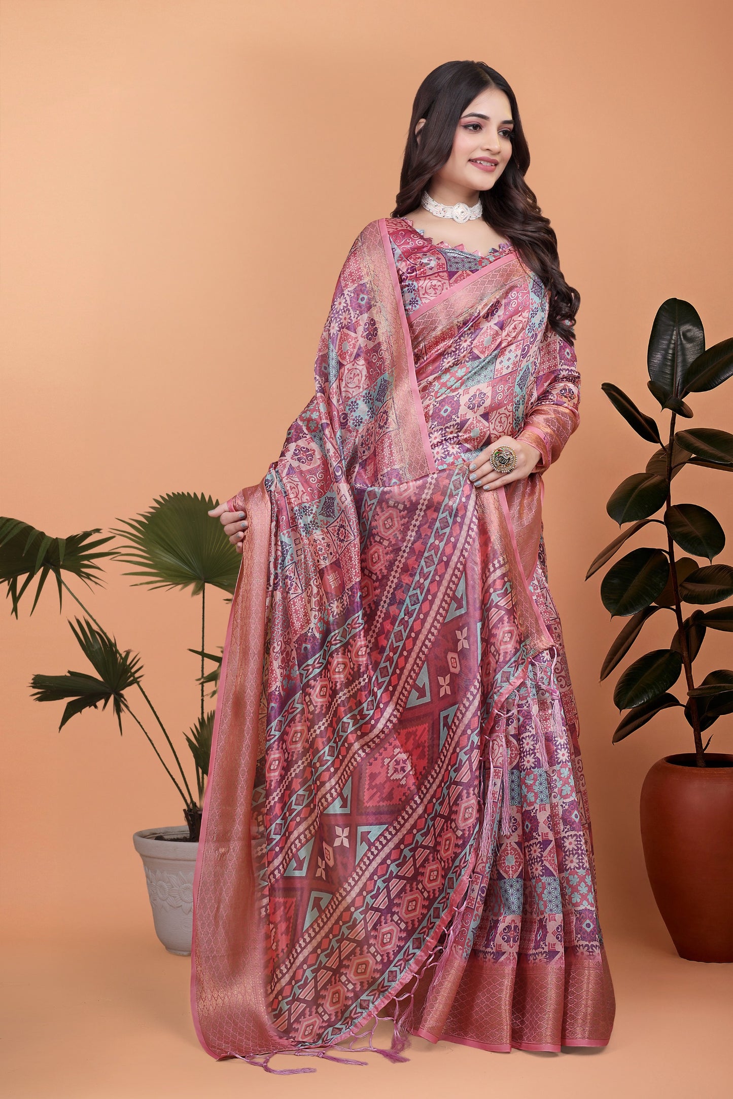 Pink Soft Silk Saree with Copper Zari Border & Multicolor Pallu