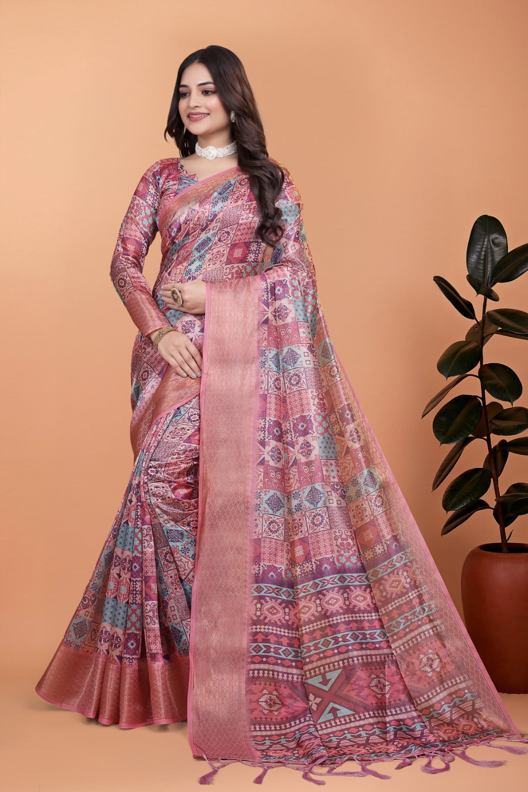 Pink Soft Silk Saree with Copper Zari Border & Multicolor Pallu