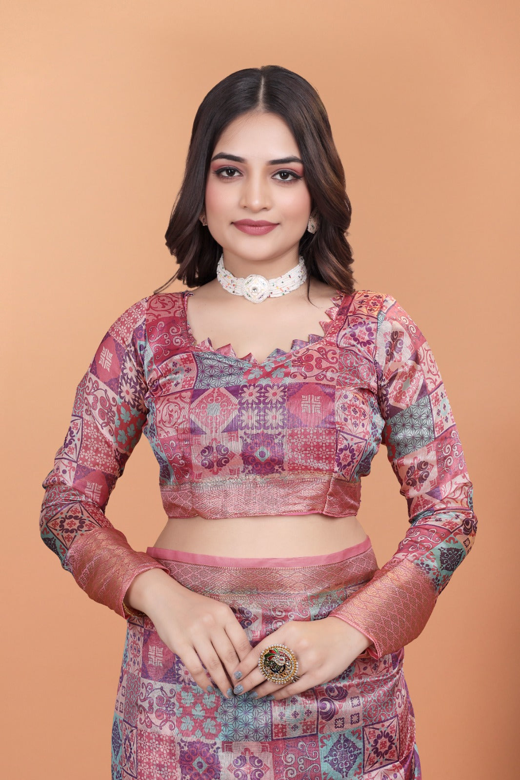 Pink Soft Silk Saree with Copper Zari Border & Multicolor Pallu