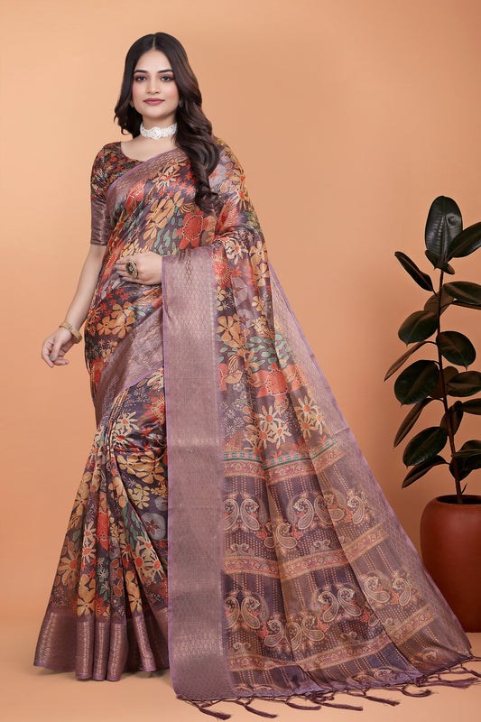 Lavender Soft Silk Saree with Copper Zari Border & Floral Pallu