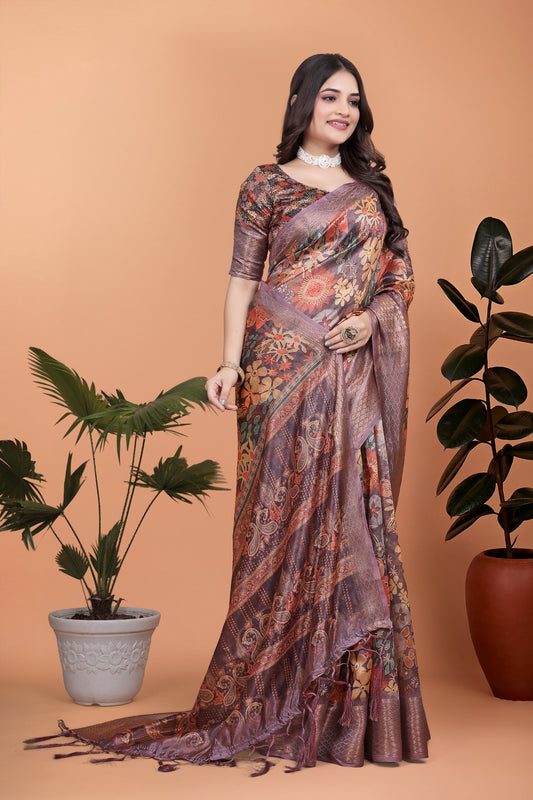 Lavender Soft Silk Saree with Copper Zari Border & Floral Pallu
