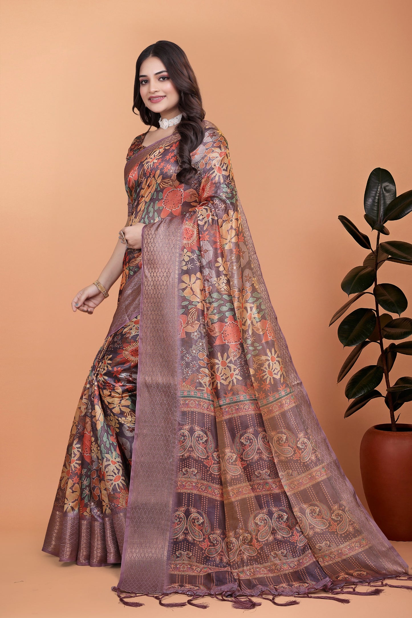Lavender Soft Silk Saree with Copper Zari Border & Floral Pallu