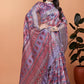 Lavender & Pink Soft Silk Saree with Copper Zari Border & Leaf Print