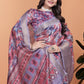 Lavender & Pink Soft Silk Saree with Copper Zari Border & Leaf Print