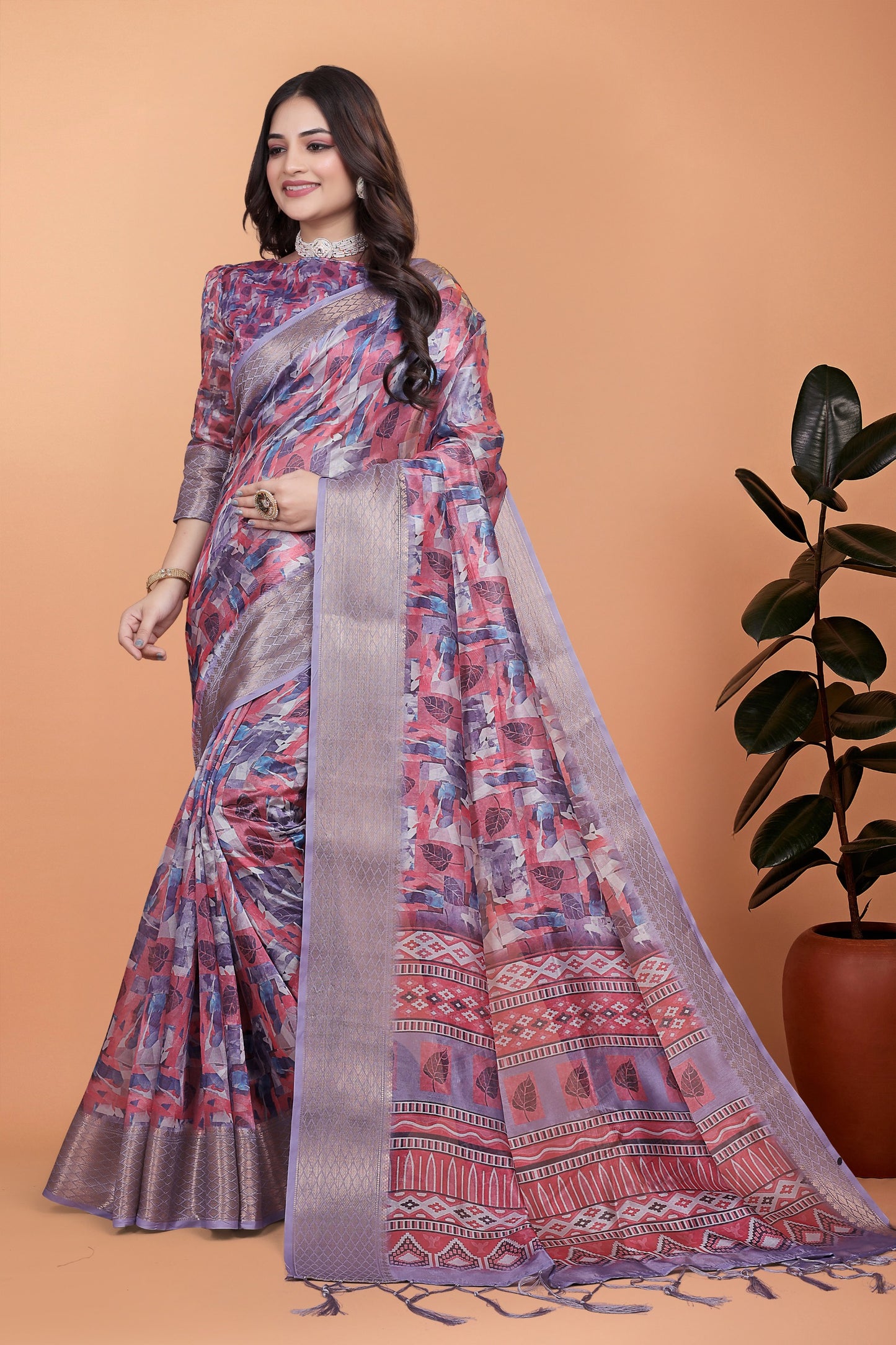 Lavender & Pink Soft Silk Saree with Copper Zari Border & Leaf Print