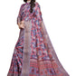 Lavender & Pink Soft Silk Saree with Copper Zari Border & Leaf Print