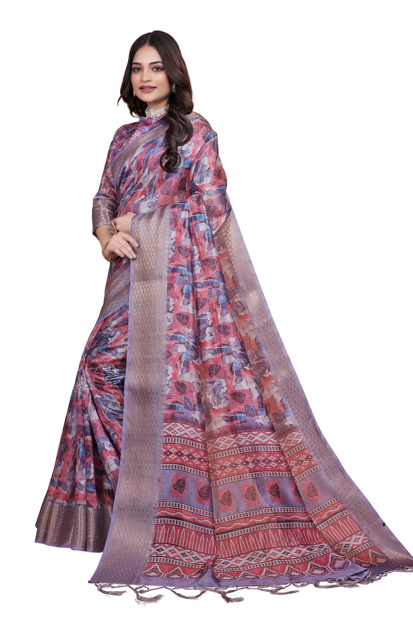 Lavender & Pink Soft Silk Saree with Copper Zari Border & Leaf Print